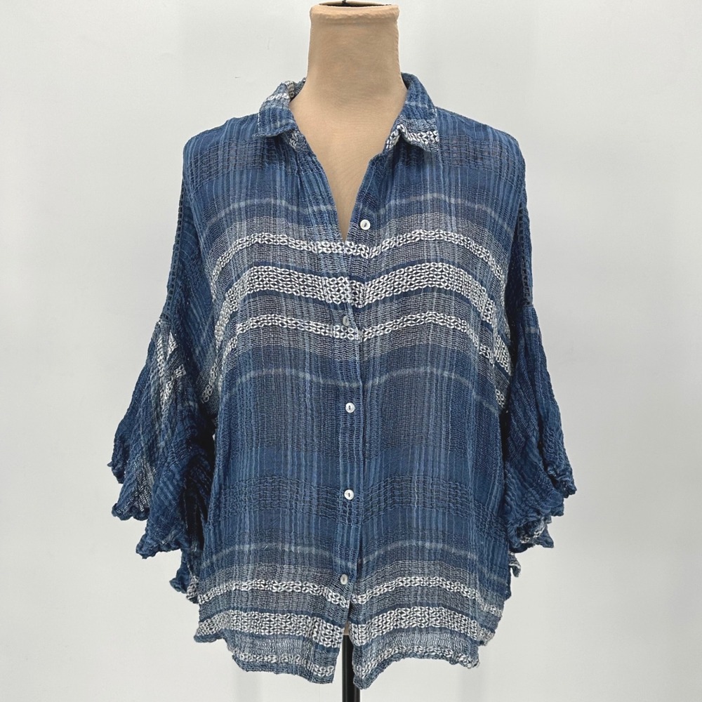 Love Sam Womens Indigo Blue Striped Linen Nylon Ruffle Bell Sleeve Open Knit M